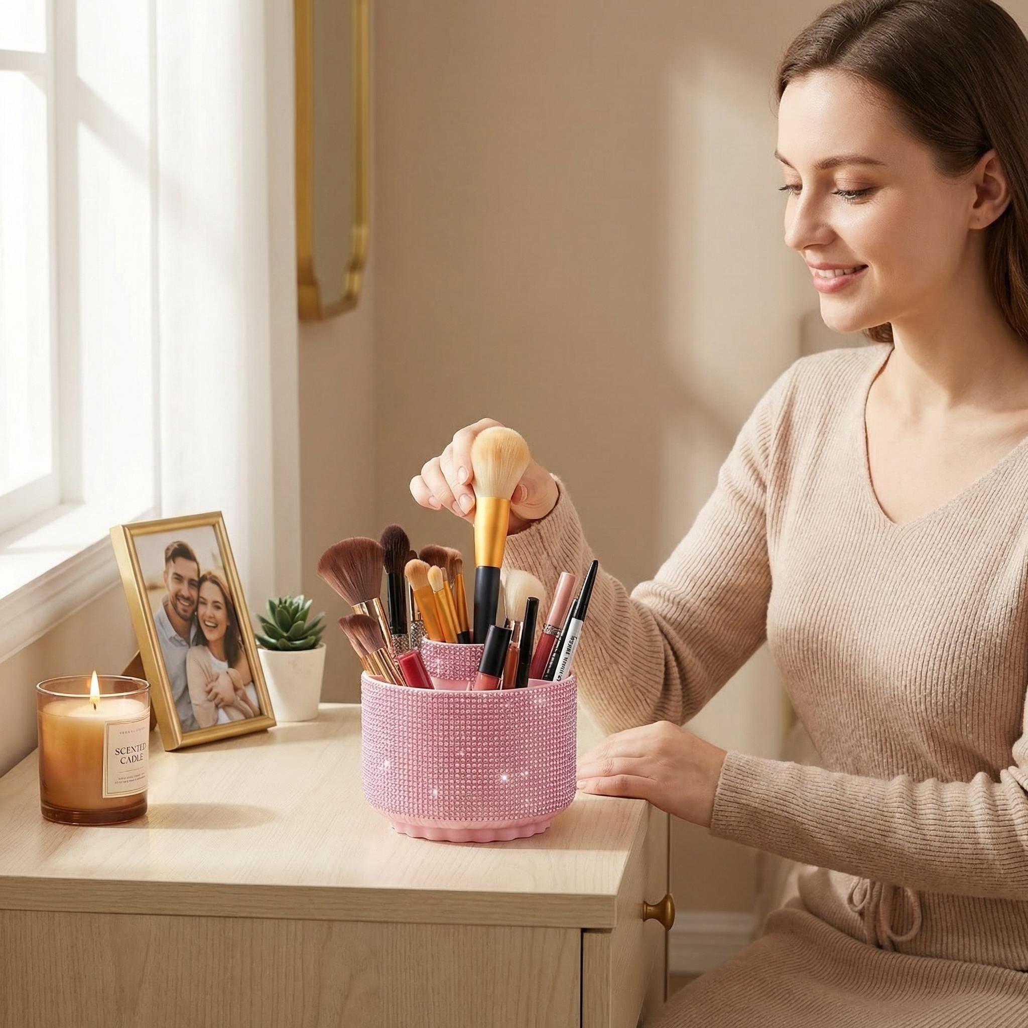 Luxury Rhinestone Makeup Brush Holder Storage Box, 360° Rotating Cosmetic Organizer with Multiple Compartments, Suitable for Women and Girls