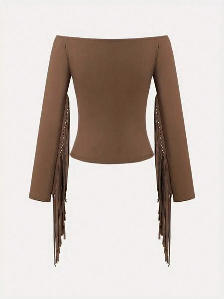 Women's Long Sleeve T-Shirt, One Shoulder Design with Fringe Detail, Perfect for Outdoor Activities & Casual Wear