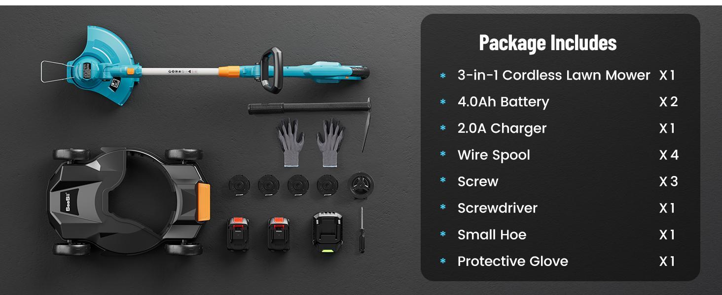 【Seesii】 String Trimmer, 12’’ Cordless Weed Wacker & Edger with 2 * 4.0Ah Batteries - Electric Lawn Mower with 1.3’’/2.1’’ Adjustable Deck - 3-in-1 Battery Lawn Mower for Garden/Yard Outdoorfun
