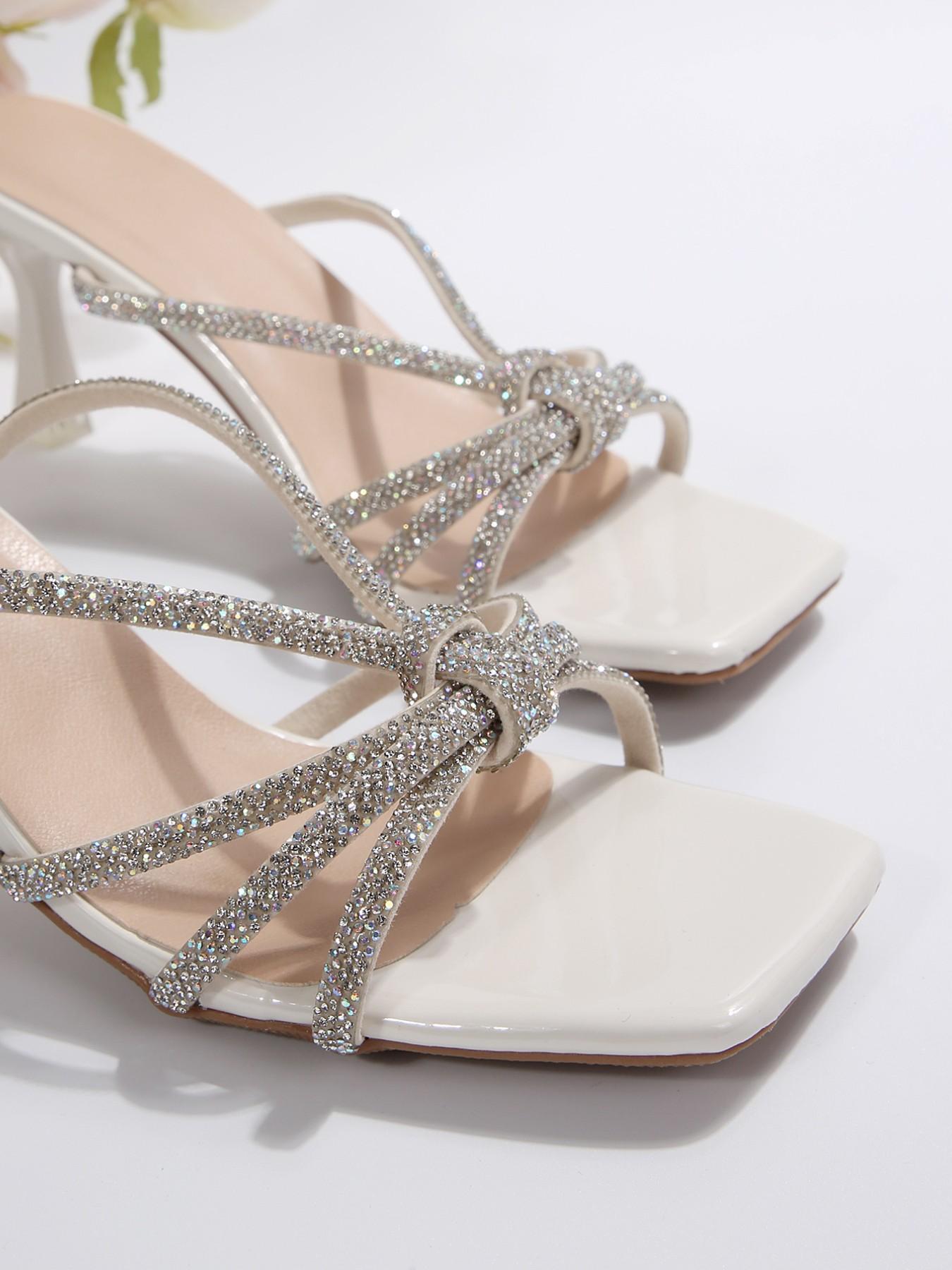 French Style Rhinestone Decor Women's Dressy Embellished Sparkly Sandals, Elegant Square Toe Party Shoes, PU Upper PVC Sole, Medium Width, Perfect for Dates and Events