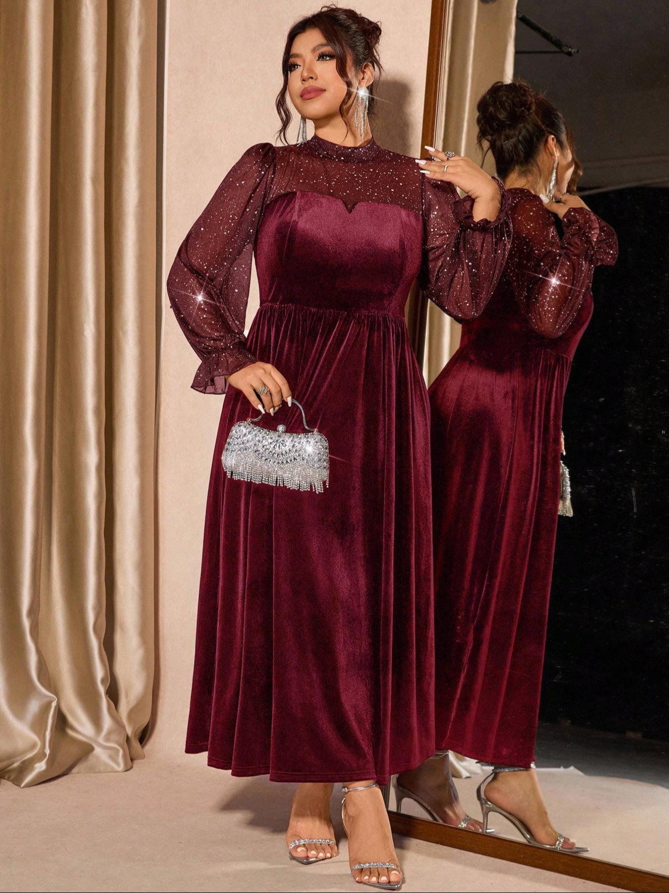 Plus Size Women's Mesh Velvet Elegant Bubble Sleeve Dress, Waist Cinched, Perfect for Parties and Gatherings, Fall & Winter Fashion