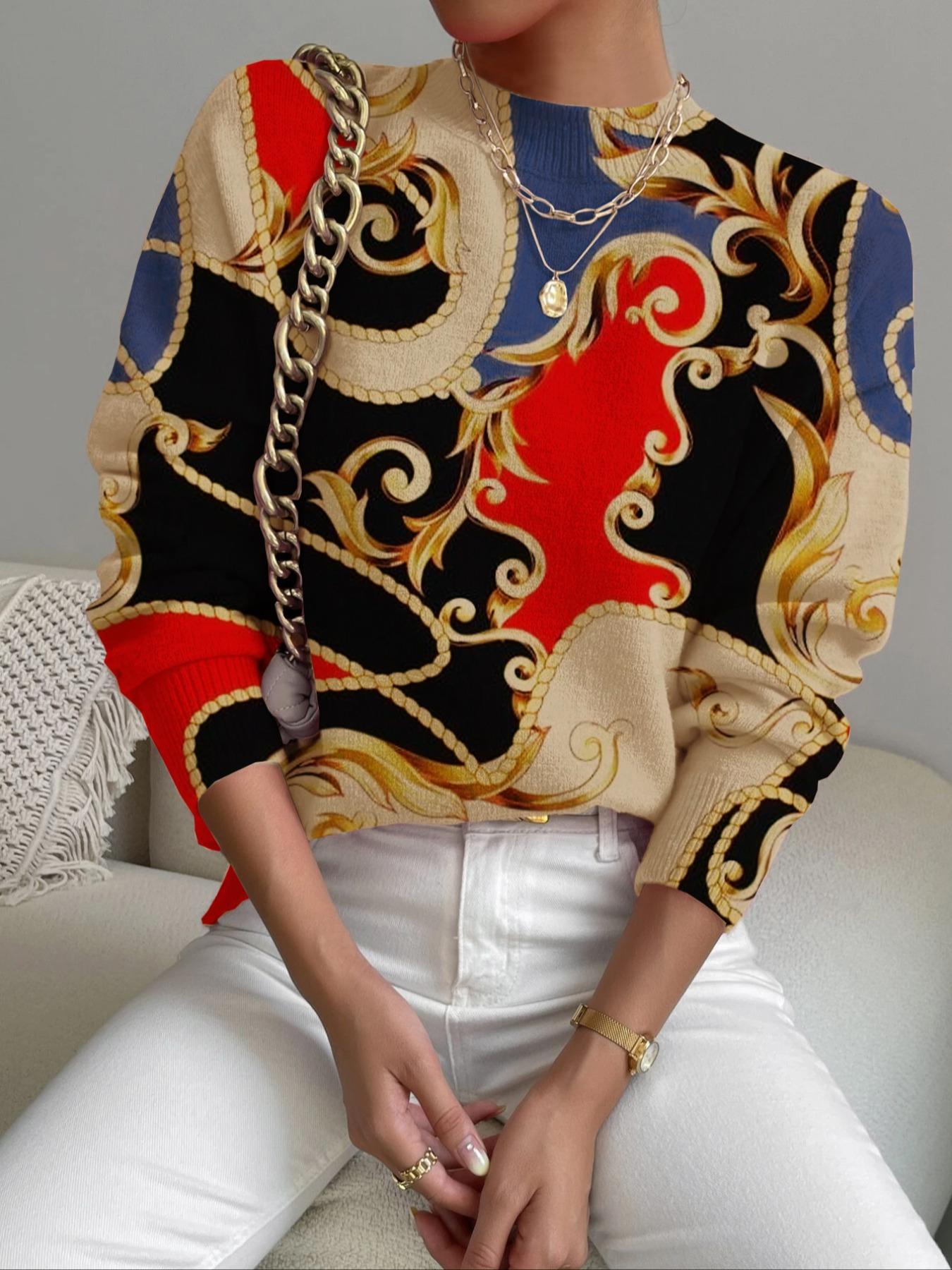 Women's Colorful Geometric Pattern Stand Collar Fitted Sweater, Fall Winter Casual Long Sleeve Knitwear, Comfortable Warm Daily Wear