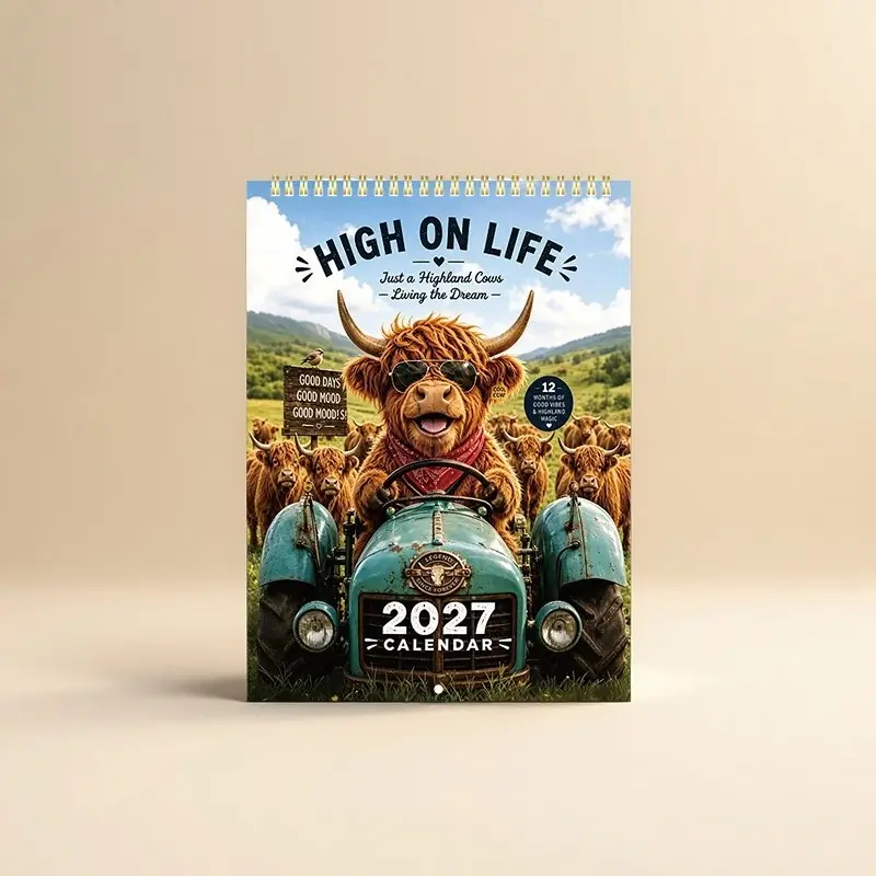 1-Piece 2027 Highland Cow Humor Wall Calendar Cute Illustration Style 12 Months + Monthly Highland Cow Themed Art + Date Marking + Encouraging Quotes for Animal Lovers / Healing Gifts / Home Decor