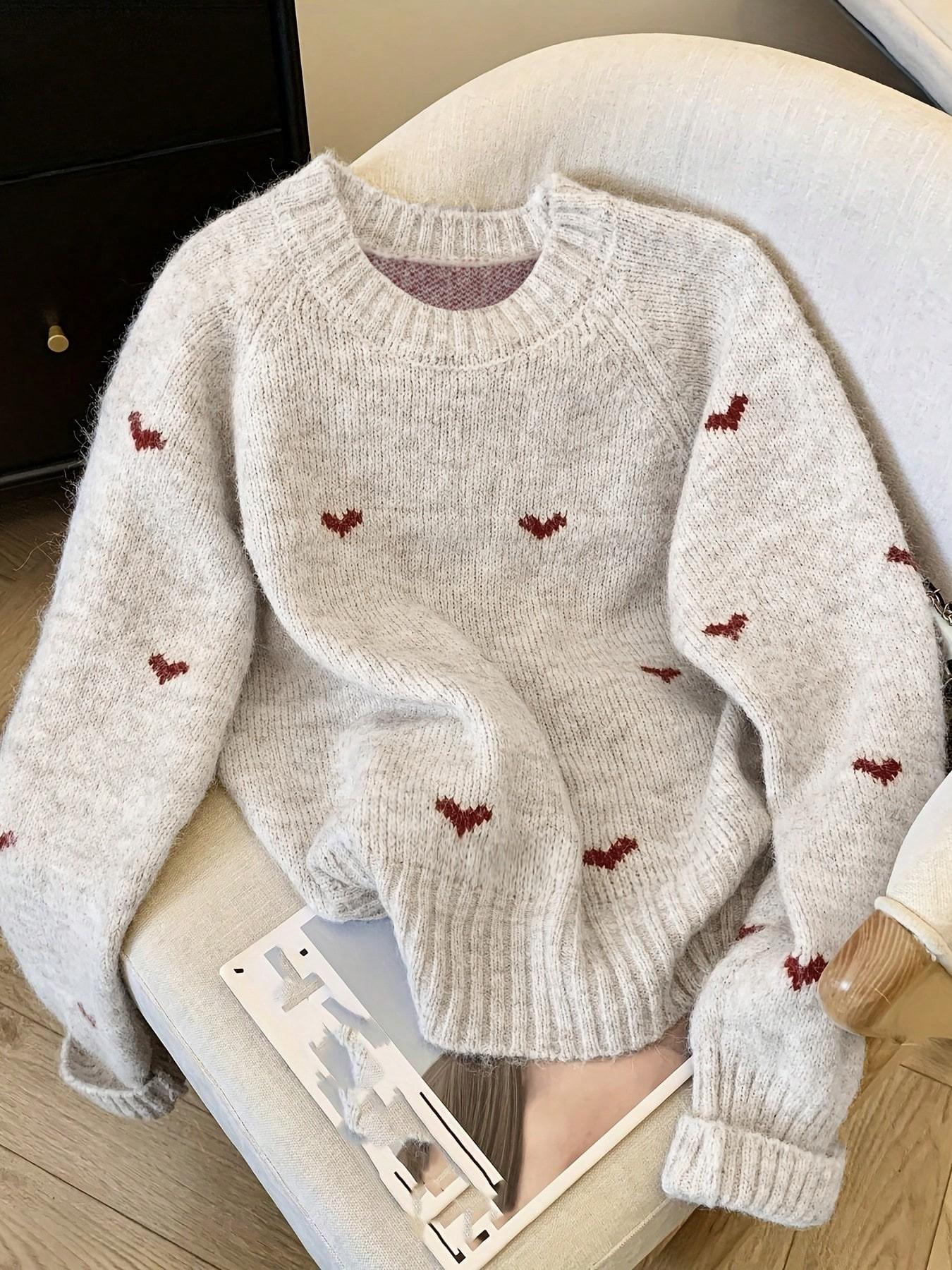 Plus Size Women's Fall Winter Heart Pullover, Chic Long Sleeve Drop Shoulder Knitwear Knitting, Cozy Crew Neck Sweater for Casual Daily Wear Tops