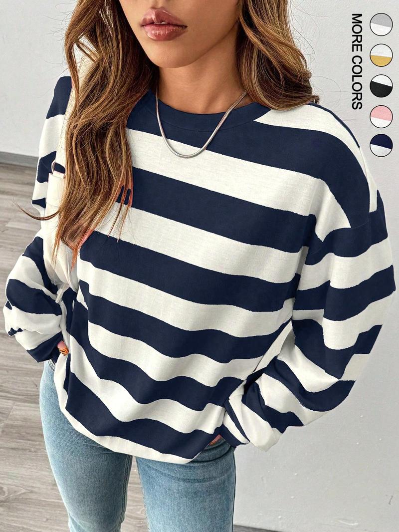 Women's Loose-Fit Striped Round Neck T-Shirt, Casual Comfort Top for Fall & Winter