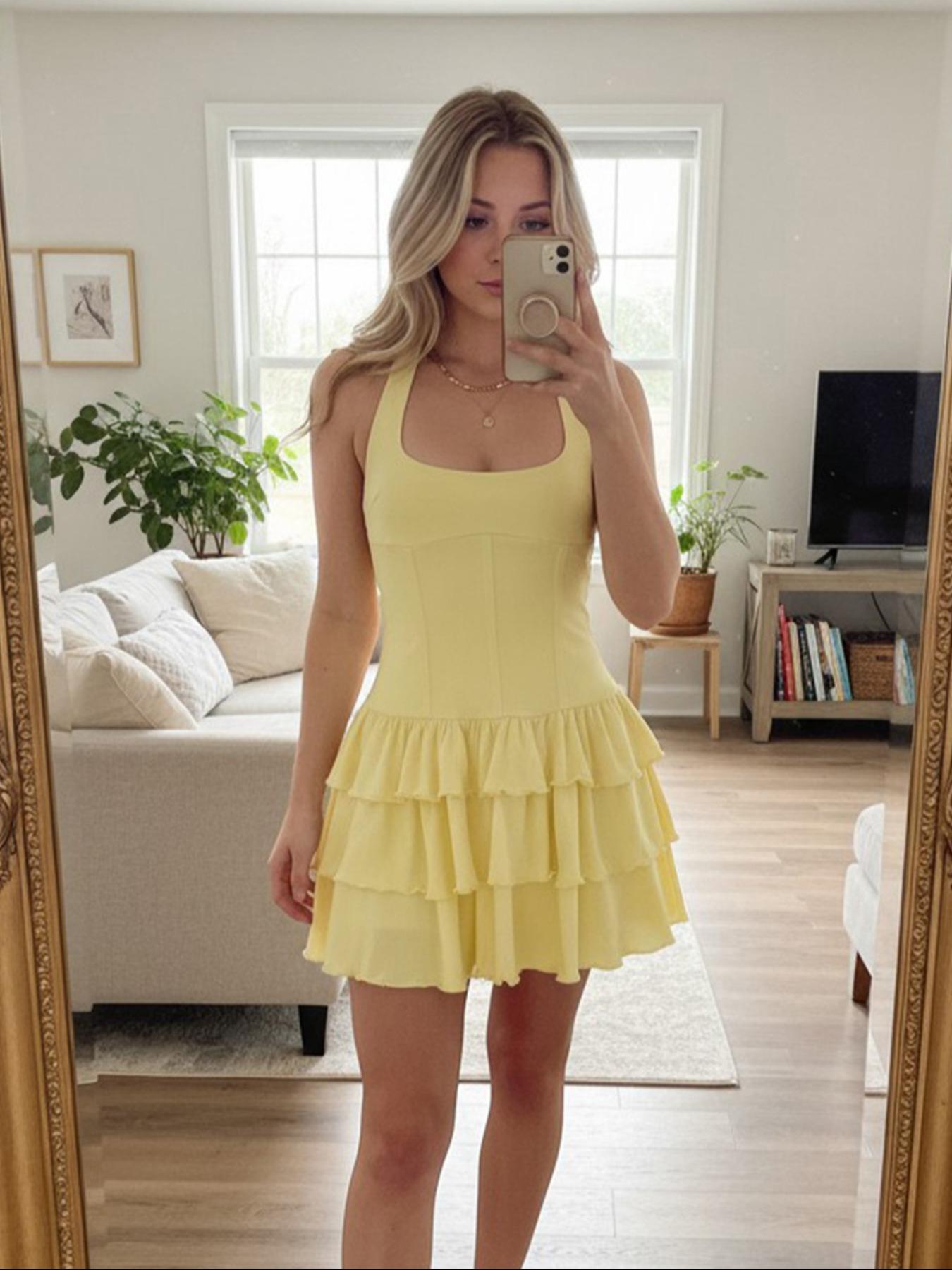 Women's Fashionable Halter Mini Pleated Dress, Layered Ruffle Hem A-line Dress, Summer Party Dress