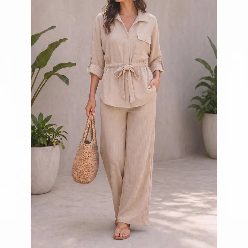 VVZ Women's Vintage 2 Piece Outfit, Turn Down Collar Button Front Top with Flap Pockets + Drawstring Wide Leg Pants Casual Commuter Set