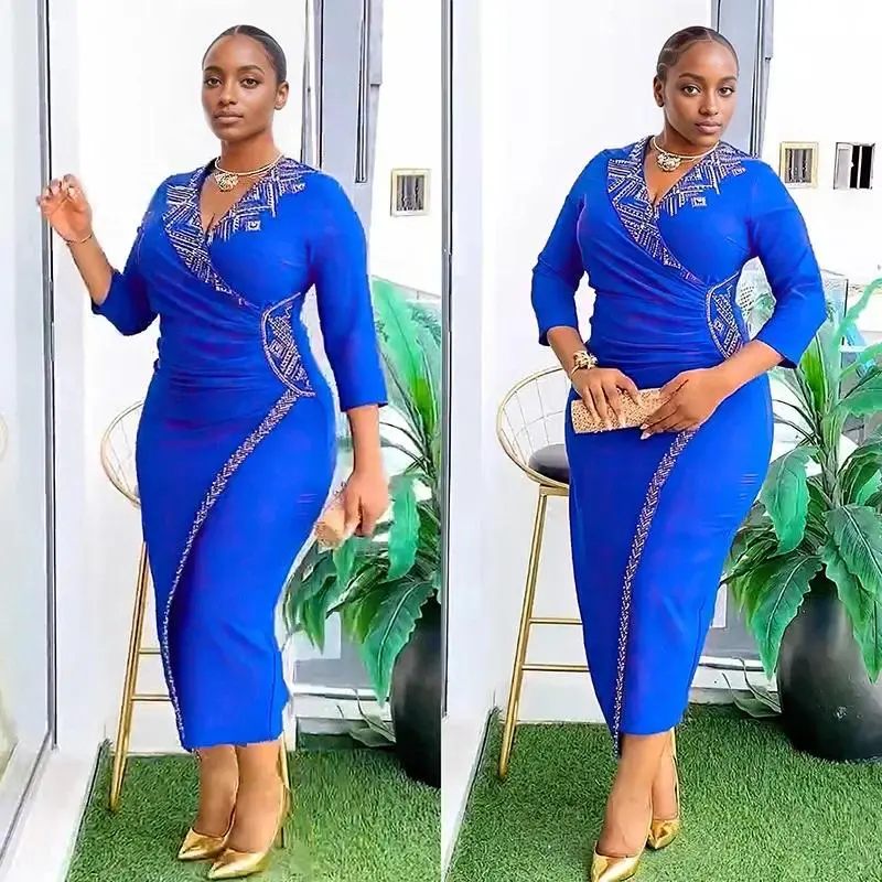 African Party Evening Dresses for Women Summer Long Sleeve V-neck Bodycon Dress Dashiki Ankara Wedding Gowns Muslim Maxi Dress