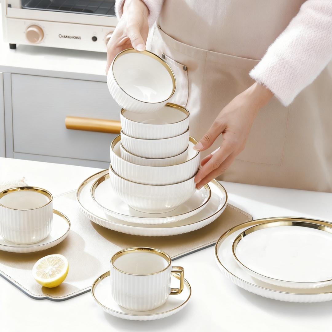 Multiple Ceramic Tableware Sets - Customize Your Own Combination, Vertical Stripes, Suitable for Multiple People, Dishwasher & Microwave Safe, Ceramic Dinnerware Set