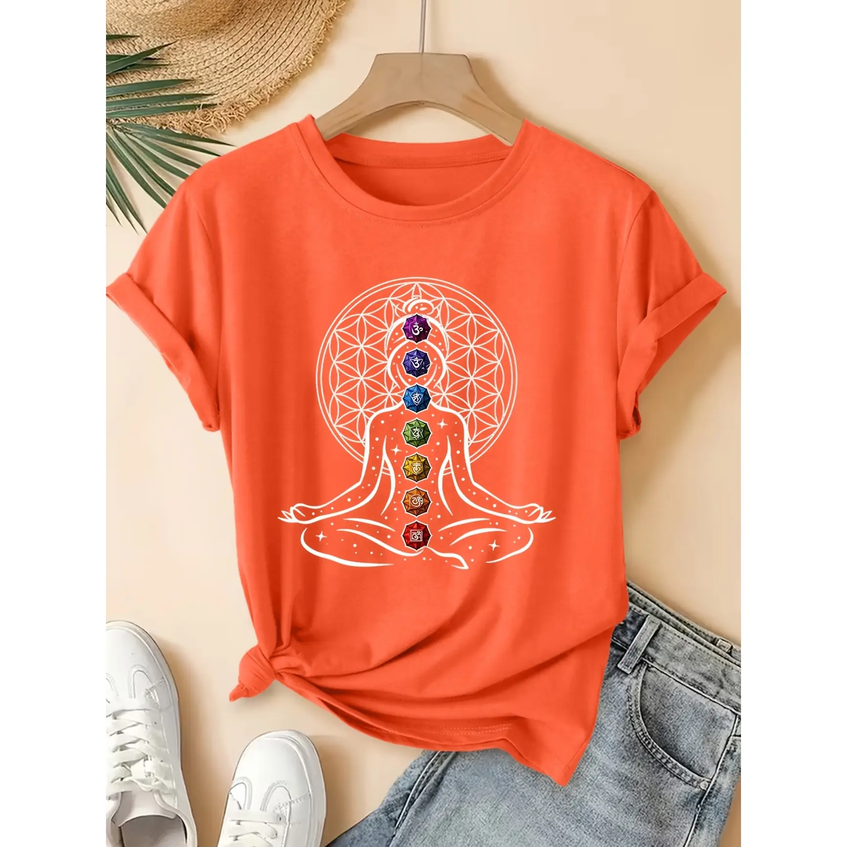 7 Chakra Meditation Flower Of Life Spiritual Graphic Oversized Comfort Cotton T-Shirt, Yoga Boho Fashion Outfit, Perfect Valentine Gift For Yoga Lovers Her Him, Best Holiday Present For Friends Family Lovers