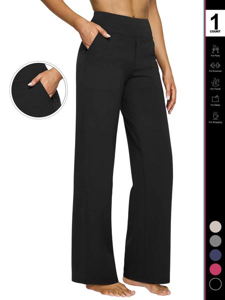 Women's High Waist Yoga Pants with Pockets, Fitted Wide Leg Sportswear, Casual Elastic Dress Pants for All Seasons  Yoga Pants Women Wide Leg Activewear Pants with Pockets High Waist Stretch Dress Casual Sweatpants Breathable Activewear Bottoms