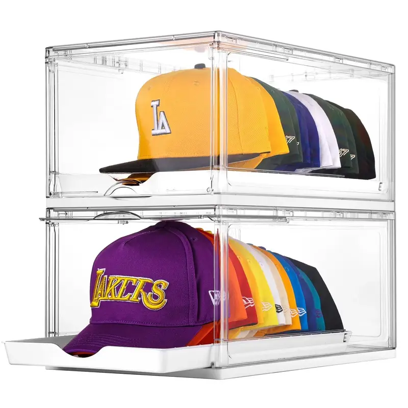 2 PCs Transparent Storage Box Baseball Cap Storage Box Large Hat Storage Box with Sliding Tray Stackable Display Stand with Magnetic Door