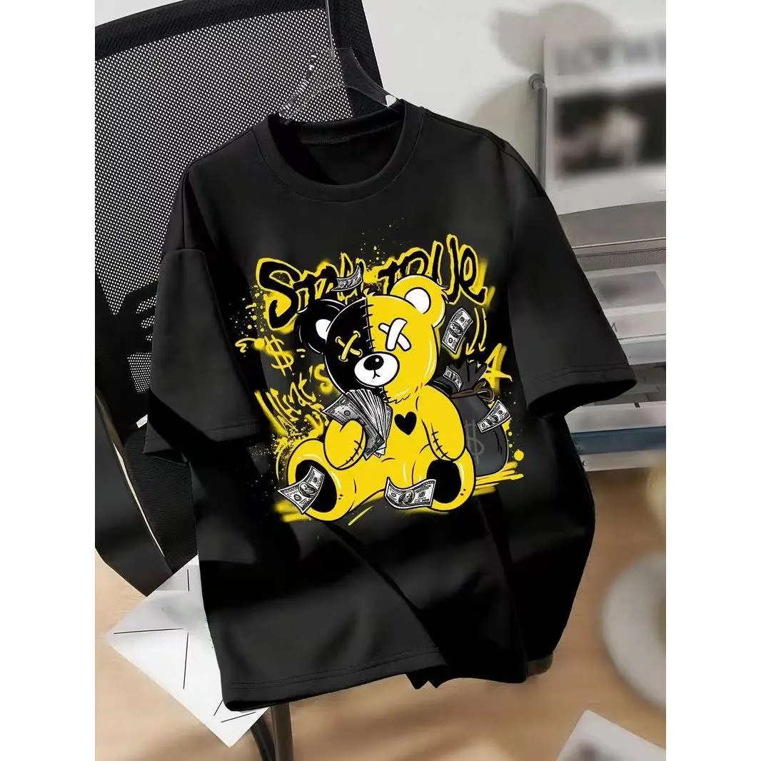 Split Patch Stitch Bill Graffiti Graphic T-Shirt, Yellow Splash Streetwear Hip Hop Oversized Black Short Sleeve Tee, Men Women Casual Trendy Top