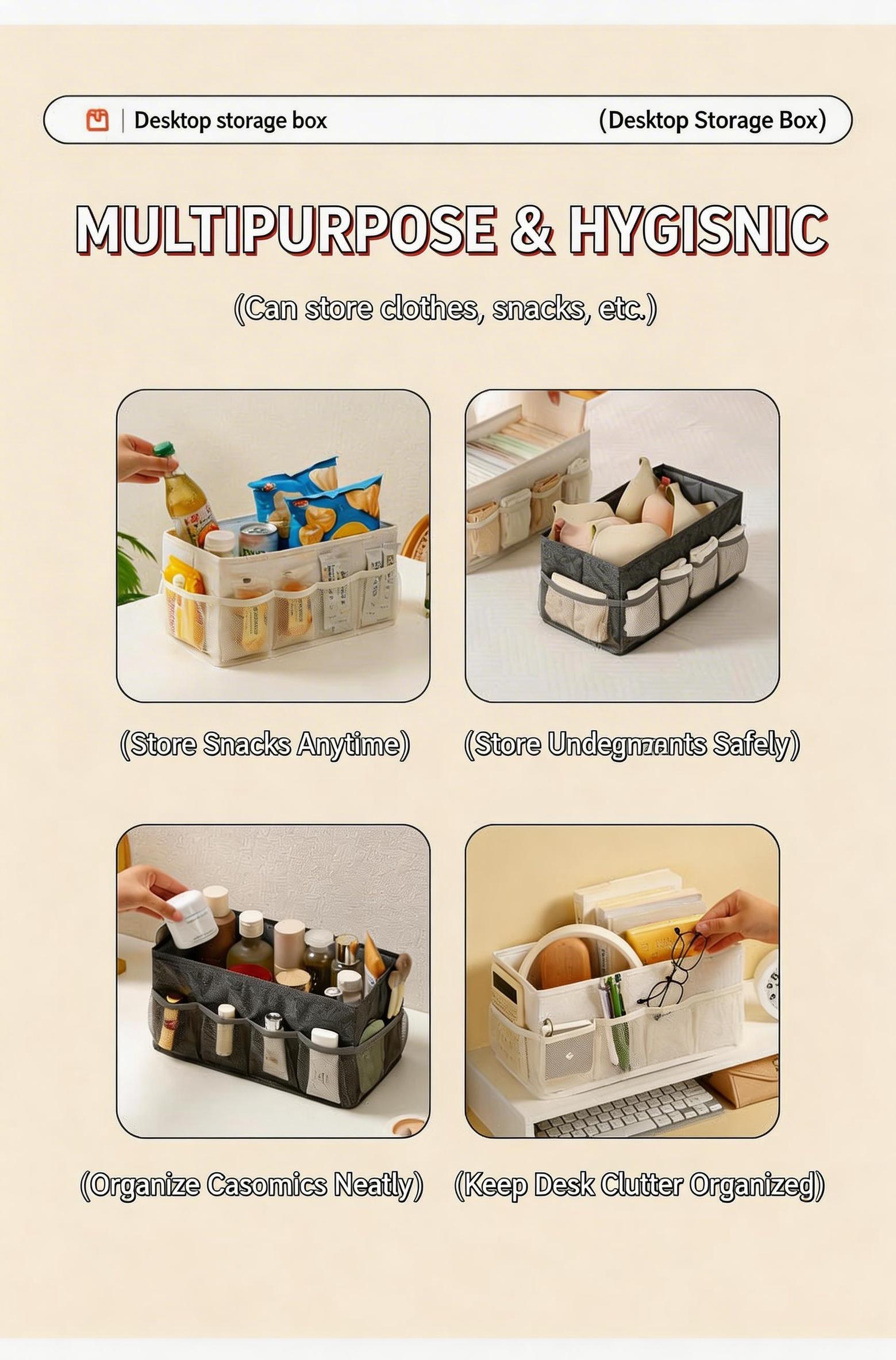 Cationic Desktop Organizer Box, Foldable Mesh Storage Bin for Cosmetics Jewelry, Solid Color Makeup Holder, Multi-Purpose Desk Tidy for Home Office