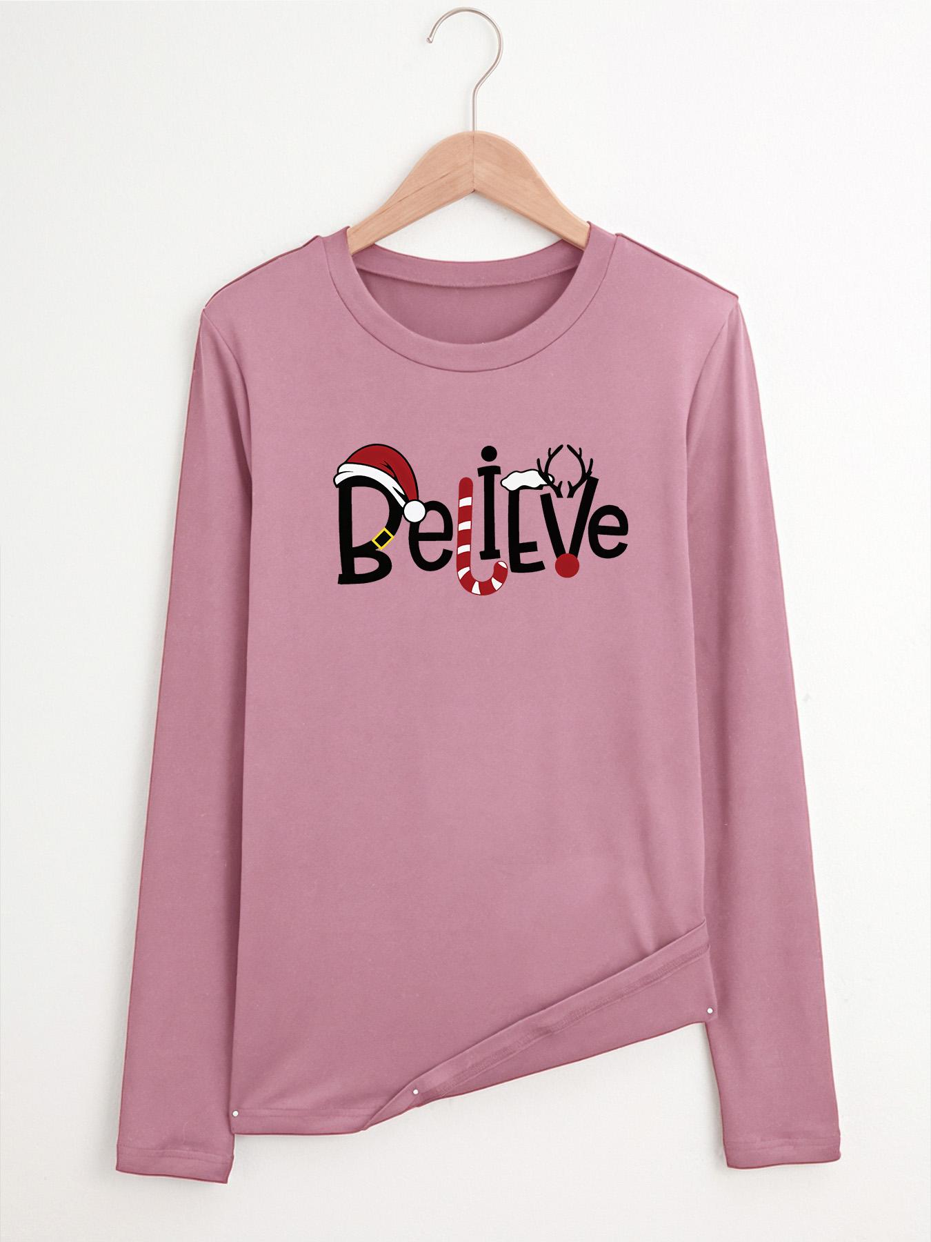 Women's Letter & Reindeer Print Round Neck T-shirts, Casual Long Sleeve Crew Neck T-shirts for Fall & Spring, Women's Clothes for Daily Wear