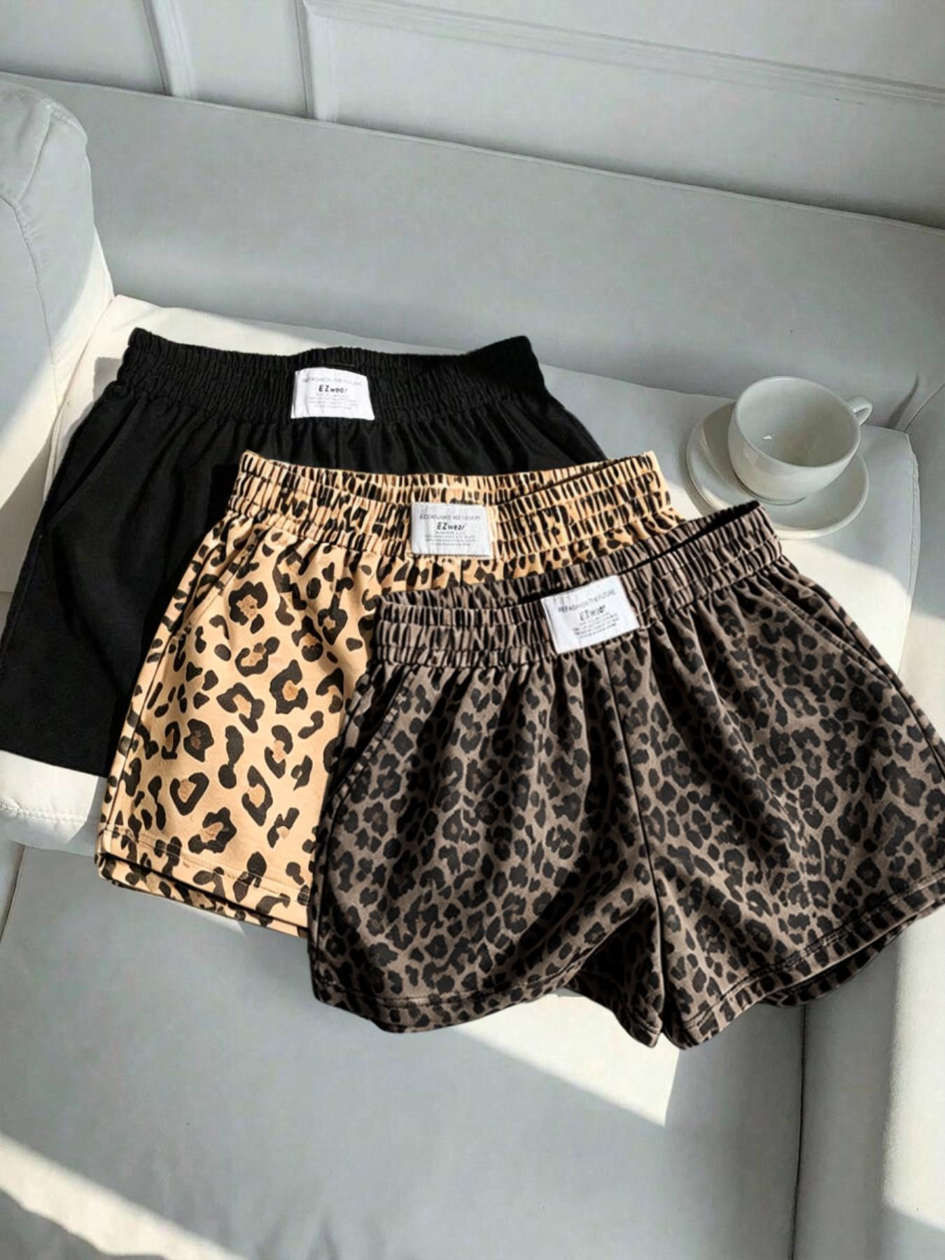 3-Pack Vintage Leopard Print Elastic Waist Casual Shorts for Women, Letter Waist Label Design, Y2K Style Sporty Outerwear Slimming Shorts