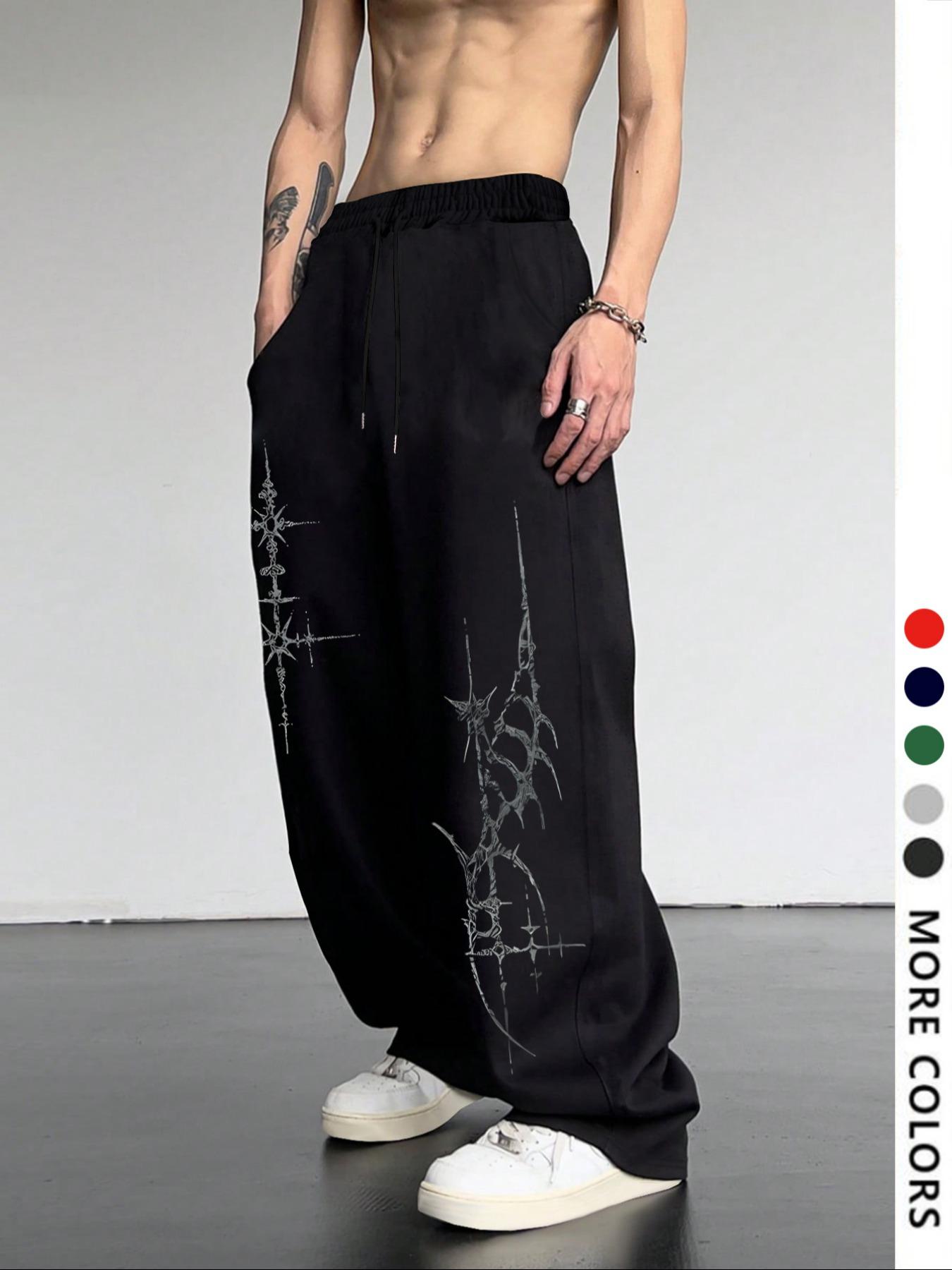 Men's Casual Sporty Wide-Leg Pants, Cross Pattern Long Sweatpants, Men's Loose-Fit Clothing for All Seasons, Drawstring Waist Baggy Pants, Athleisure Style Sweatpants, Graphic Print Sweatpants