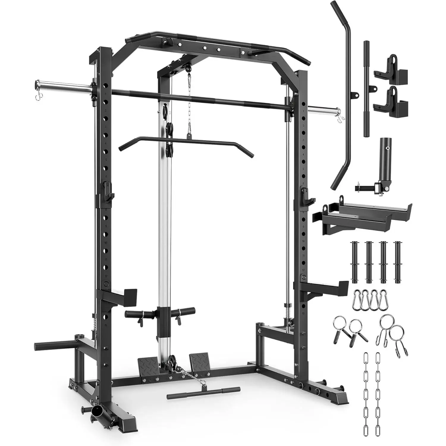 Multi-Function Smith Machine Home Gym, Full Body Strength Training Equipment with 5-Position Adjustable Bench, Barbell, Cable Pulley System, LAT Pulldown, Safety Spotter Arms, J Hooks
