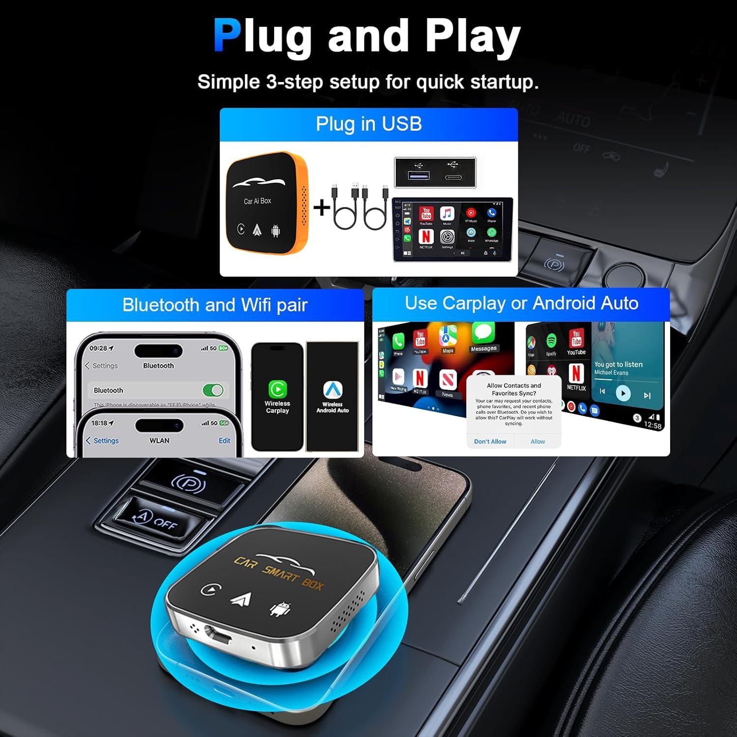 Wireless CarPlay adapter, compatible with iPhone and Android Auto, supports Netflix, AI box with TF card slot, plug-and-play with no installation required, easily set up in-car CarPlay video entertainment, Carplay Car Stereo