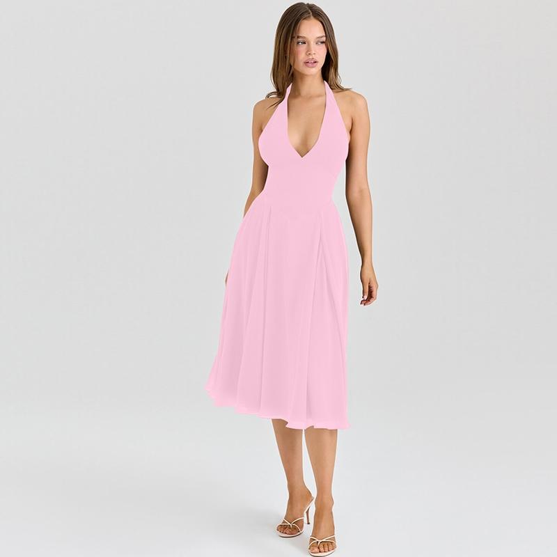 Women‘s Mesh Solid Ruched Sleeveless Halter Slip Dress, Plain Slim Fit V-neck Backless Elegant Pleated Midi Dress, Party Club Date Holiday Daily Casual Dresses For Ladies All Seasons Summer Fashion Clothes