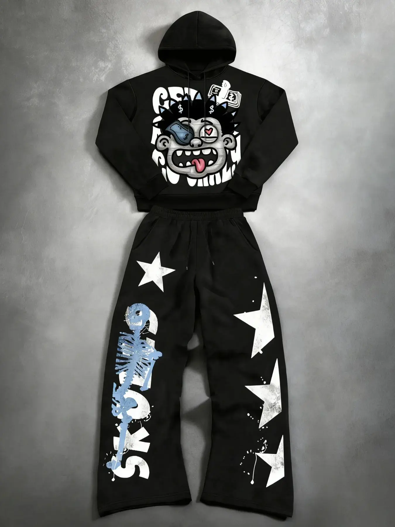 Y2K Crazy Cartoon Graphic Hoodie Set Men Skull Star Print Flare Pants 2‑Piece Outfit Hip‑Hop Streetwear Loose Sweatshirt Tracksuit For Sports Daily Street‑Going