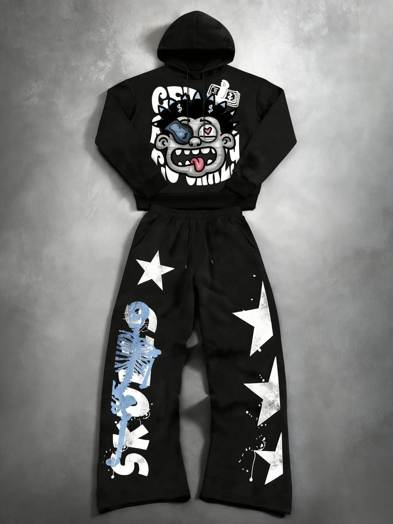 Y2K Crazy Cartoon Graphic Hoodie Set Men Skull Star Print Flare Pants 2‑Piece Outfit Hip‑Hop Streetwear Loose Sweatshirt Tracksuit For Sports Daily Street‑Going