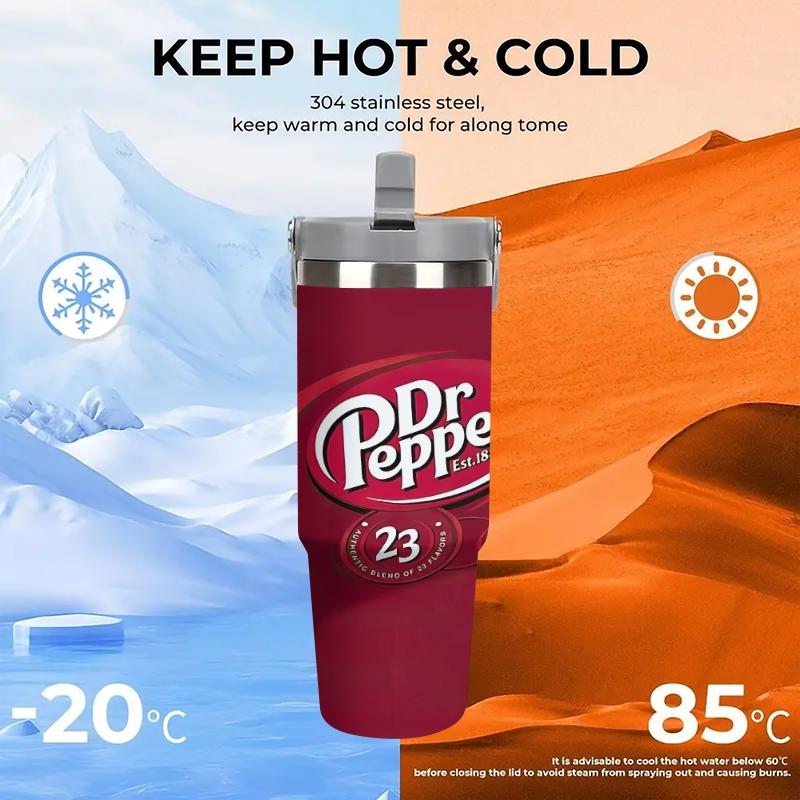 1pc 30oz Portable stainless steel insulated cup, Leakproof Insulated Tumbler, Dr Pepper Theme Car Travel Tumbler with handle and straw, leak-proof lid, school travel cup, insulated coffee cup, Home Office Car Accessory, Holiday Gift