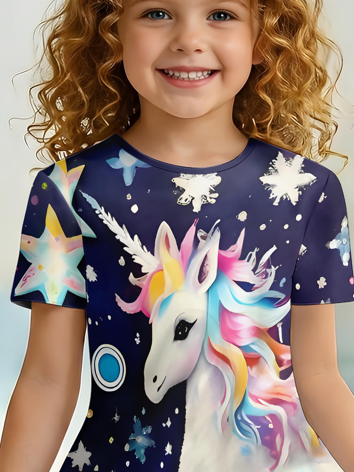 Girls Summer Starry Sky Unicorn Print Dress, Kids Dreamy Snowflake Crew Neck Short Sleeve A-Line Dress
