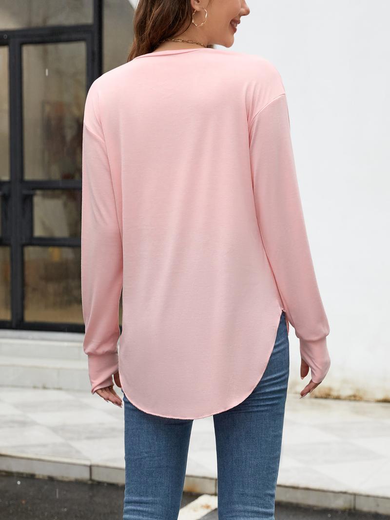 Renaishow Womens Deep V Neck Tunic Tops Long Sleeve Oversized Casual Loose Fit Curved Hem T Shirts with Thumb Holes Blouses Light Breathable Solid