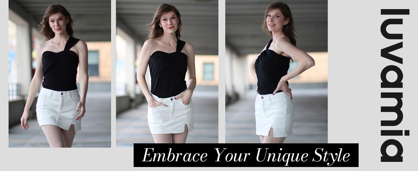 luvamia Palda Minimalist High Waisted Mini Casual Oversize Skirt with Side Slit for Women Soft Black Denim Jean Shorts Stretchy Fit Summer Bottom