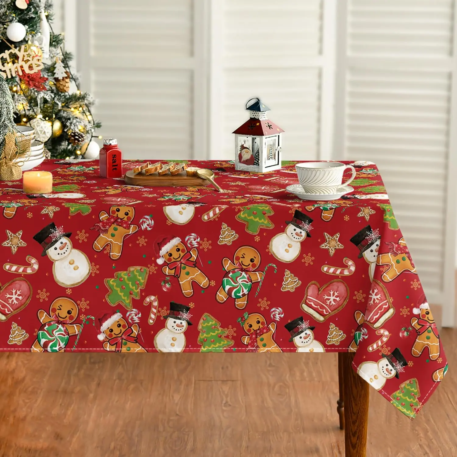 Horaldaily Christmas Tablecloth 60 x 84 Inch Rectangular Gingerbread Man |   Red Glove Trees Snowman Washable Table Cover for Party Picnic Dinner Decor