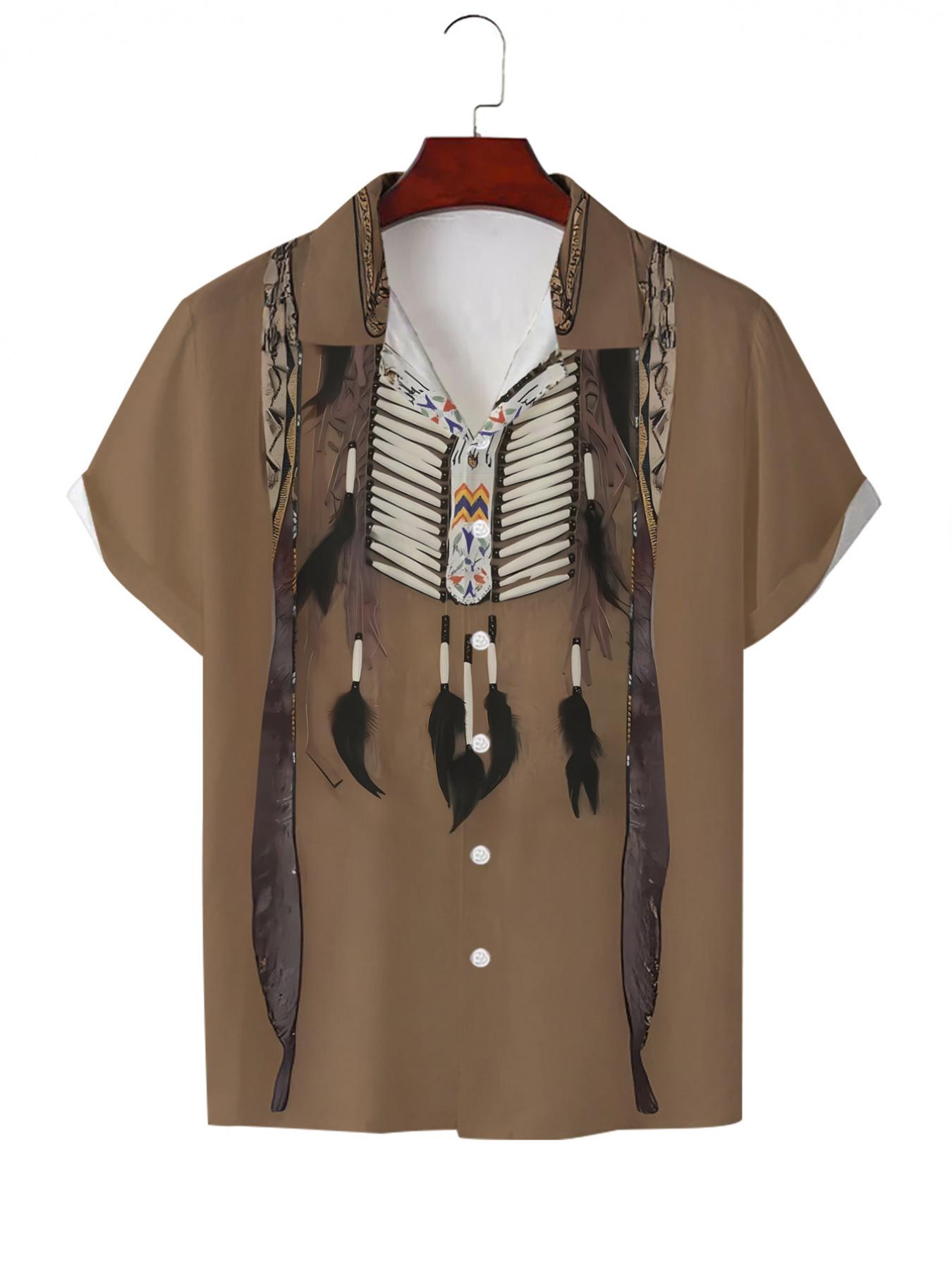 Men's Hawaiian Shirt - Flat Digital Print Pattern - No Texture - Ornate Bone Necklace with Feathers, Fashionable and Simple Short Sleeves, Buttoned, Casual Collar Shirt, Stylish and Versatile, Suitable for Dates, Beach Vacations, a Perfect Gift for Men