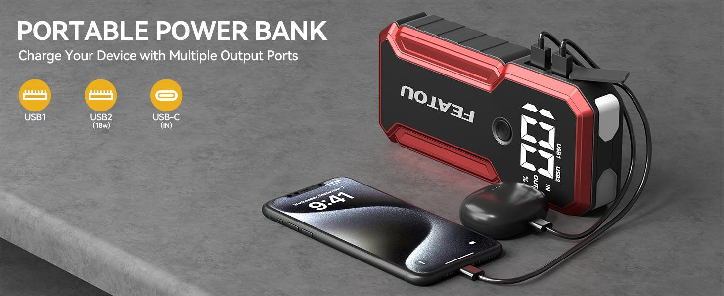20000mAh Portable Jump starterwith ，12V Car Battery Jump Box, 9L Gas & 8LDiesel Engines, Wireless, SafeClamps for Easy Use cable Automotive Tool Kit
