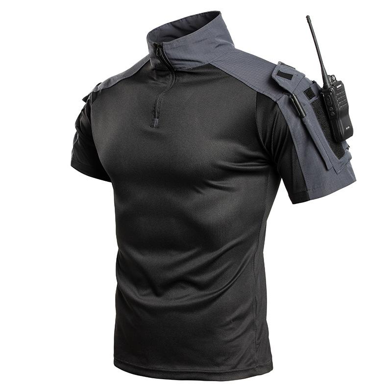 Men's Tactical Short Sleeve T-Shirt, 1/4 Zip Combat Shirt with Arm Pockets, Breathable Quick Dry Military Top for Hiking, Hunting & Outdoor