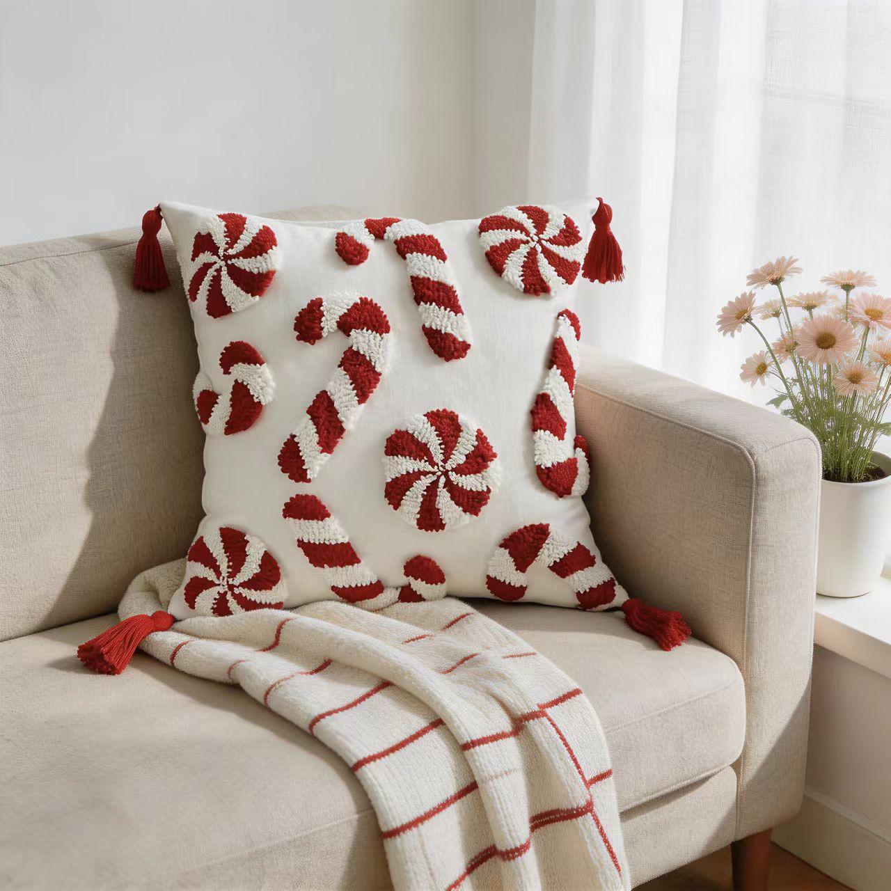 1 Christmas pillow cover, 17.7x17.7 inches, candy cane design, zipper seal, modern canvas decorative cushion cover suitable for living room, bedroom, study,-excluding inner core, sofa cushion, decorative pillow, beautiful modern cushion cover, living room