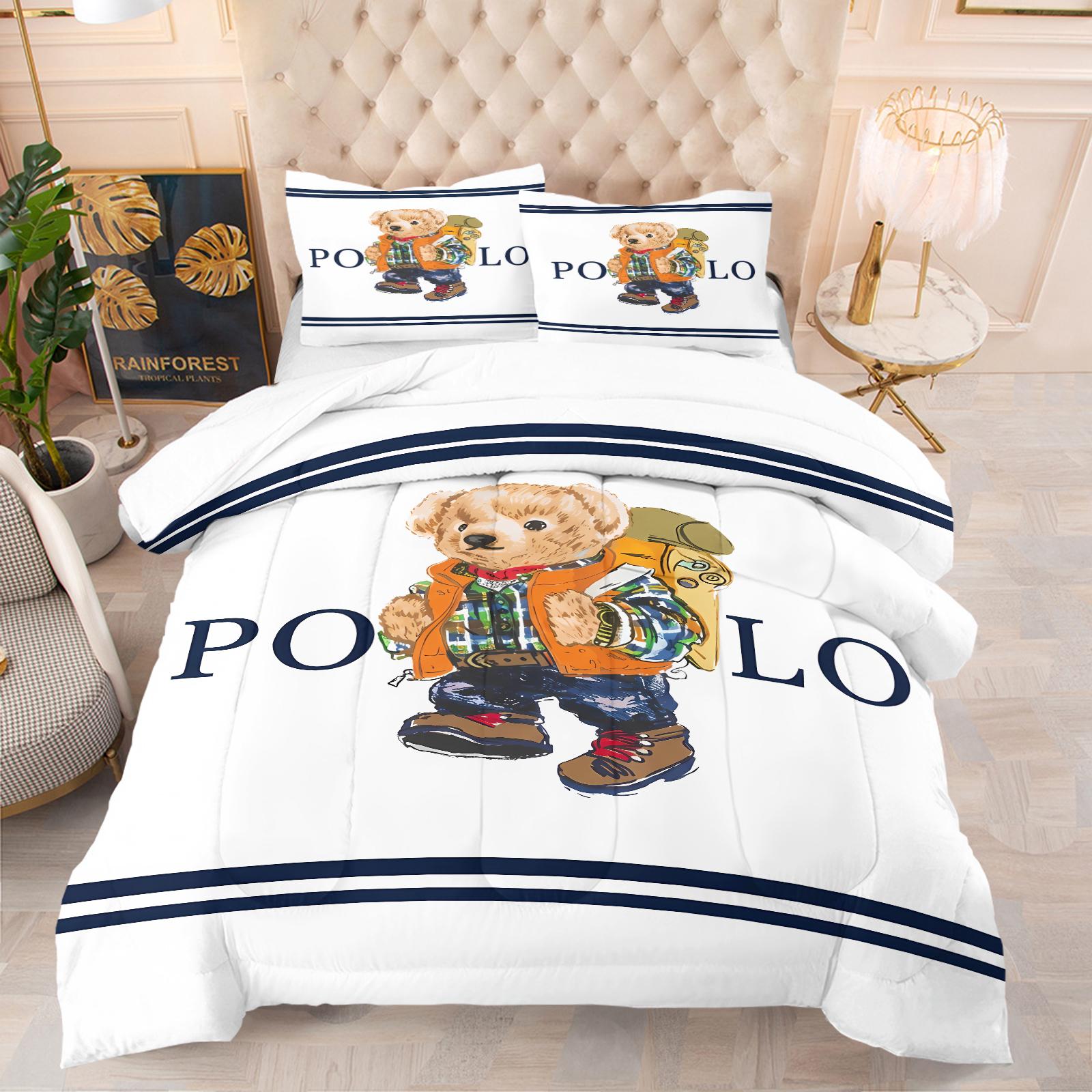 Ling grid patterned teddy bear printed bedding set, including 1 blanket and 1 or 2 pillowcases without pillowcases, soft children's or adult bedroom decoration gift Soft Bedding Sets