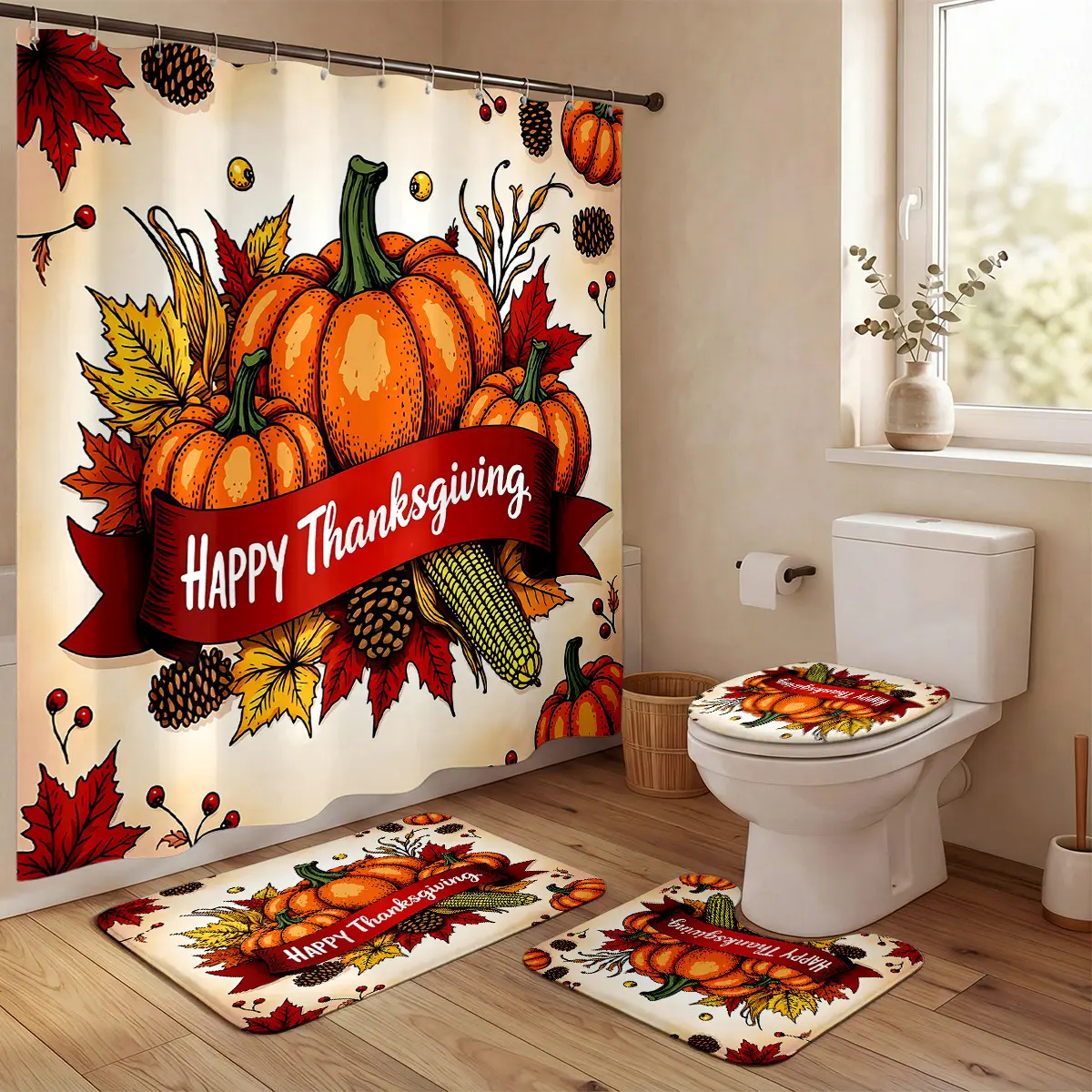 Happy Thanksgiving Pumpkin Maple Leaf Shower Curtain Set – Autumn Corn Pine Cone Red Ribbon Harvest Bathroom Decor for Fall, Friendsgiving, Holiday & Festive Seasonal Celebration