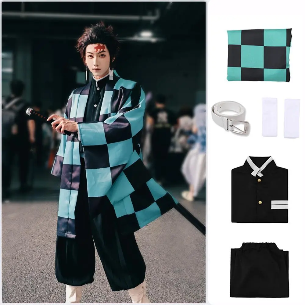 Complete Tanjiro Kamado Cosplay Costume Set Japanese Style Kimono Checkered Haori Uniform for Anime Convention Role Play
