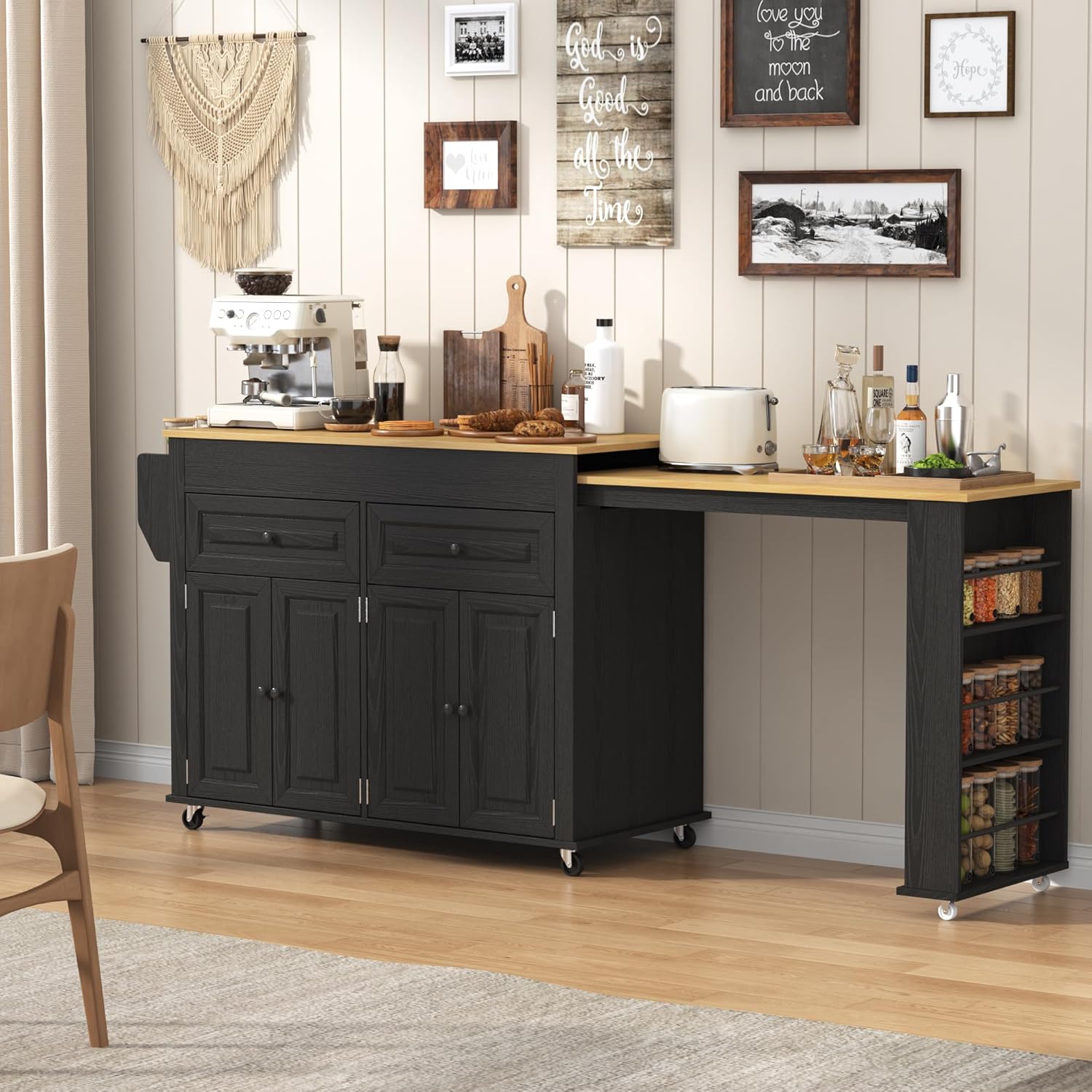 80"-48" Extendable Kitchen Island with Extended Dining Table and Power Outlet,Large Mobile Kitchen Storage Islands with 2 Storage Drawers,Rolling Islands Cart with 3 Extra Rows Open Shelves(White/Black/Brown/Blue)