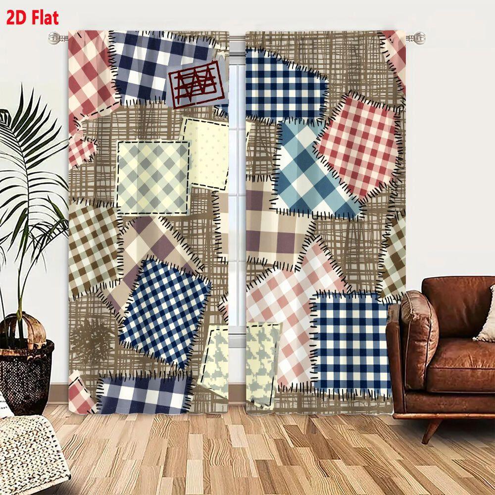 2D Flat Rustic Patchwork Checkered Curtain 2-Piece Set, Blue/Red/Brown/White Grid Patterns with Handmade Stitching, Light Yellow Subtle Gray Design Decor, Traditional Quilting Style Window Drapes for Living Room Bedroom