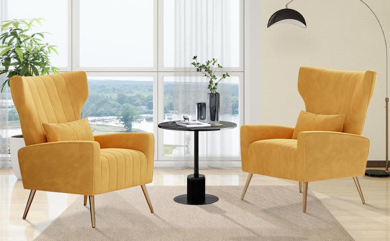 Velvet Accent Chair Wingback for Living Room, High Back Arm Chair with Golden Legs Lumbar Pillow, Upholstered Single Sofa Bedroom Beige