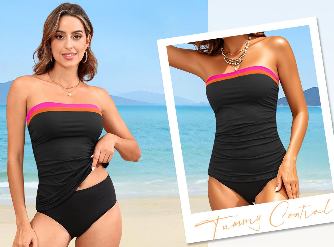 Aqua Eve Bandeau Swimsuits for Women Two Piece Bathing Suits Ruched Tummy Control Tankini Sets Strapless Swimwear