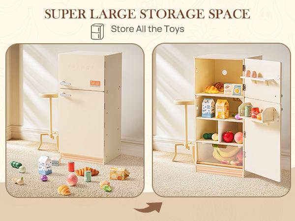 Play Kitchen Toy Fridge Fryer - Wooden Toy Refrigerator with Accessories, Pretend Play Kitchen Set for Kids & Toddlers, Freezer with Play Food for Ages 3+