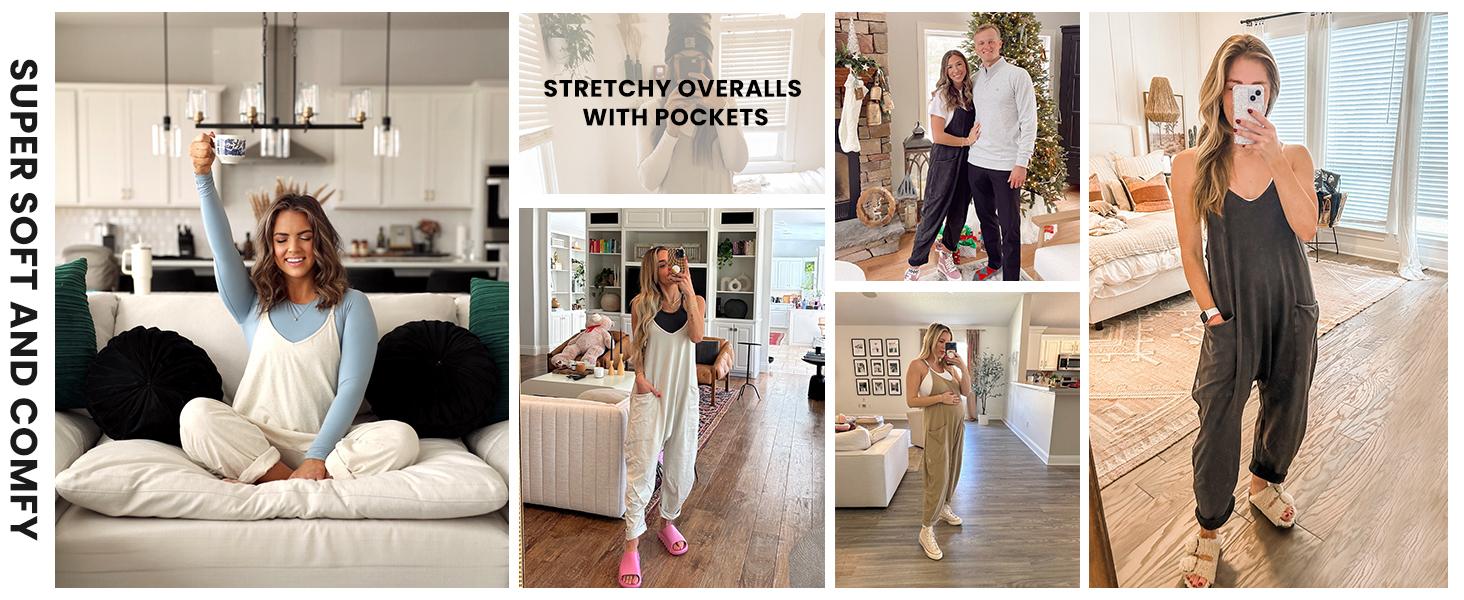 Naeduo Women's Y2K Jumpsuit Romper Stretchy Wide-Leg Harem Overalls with V-Neck Adjustable Straps Deep Pockets Casual Sleeveless Streetwear for Summer Basic Black Pants SpringStatements SpringStatements