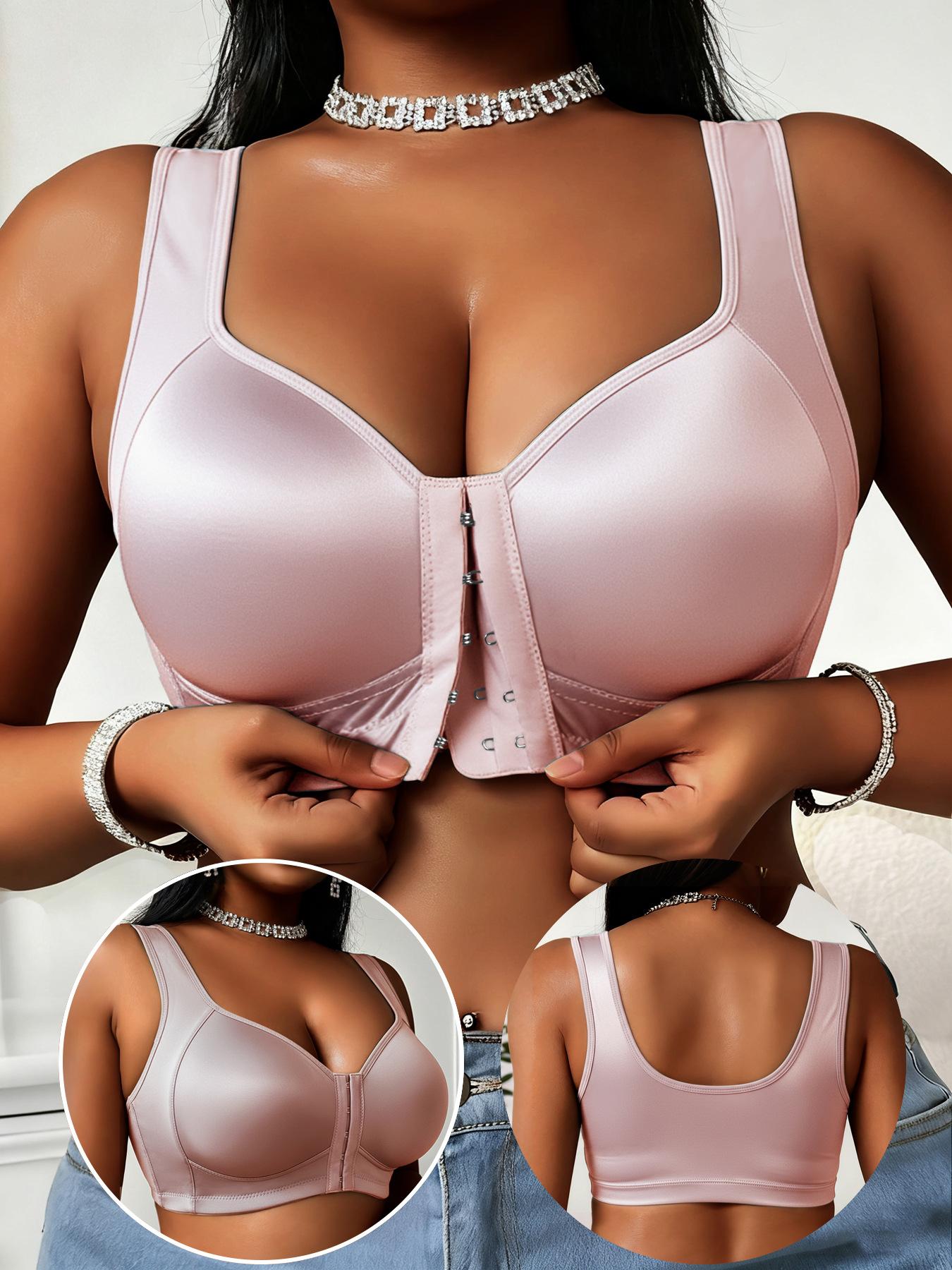 Women's Front Snap Closure Sports Bra, No Underwire Gathered Lift Anti-Sag Plus Size Bras, Smooth Fabric Comfortable Support