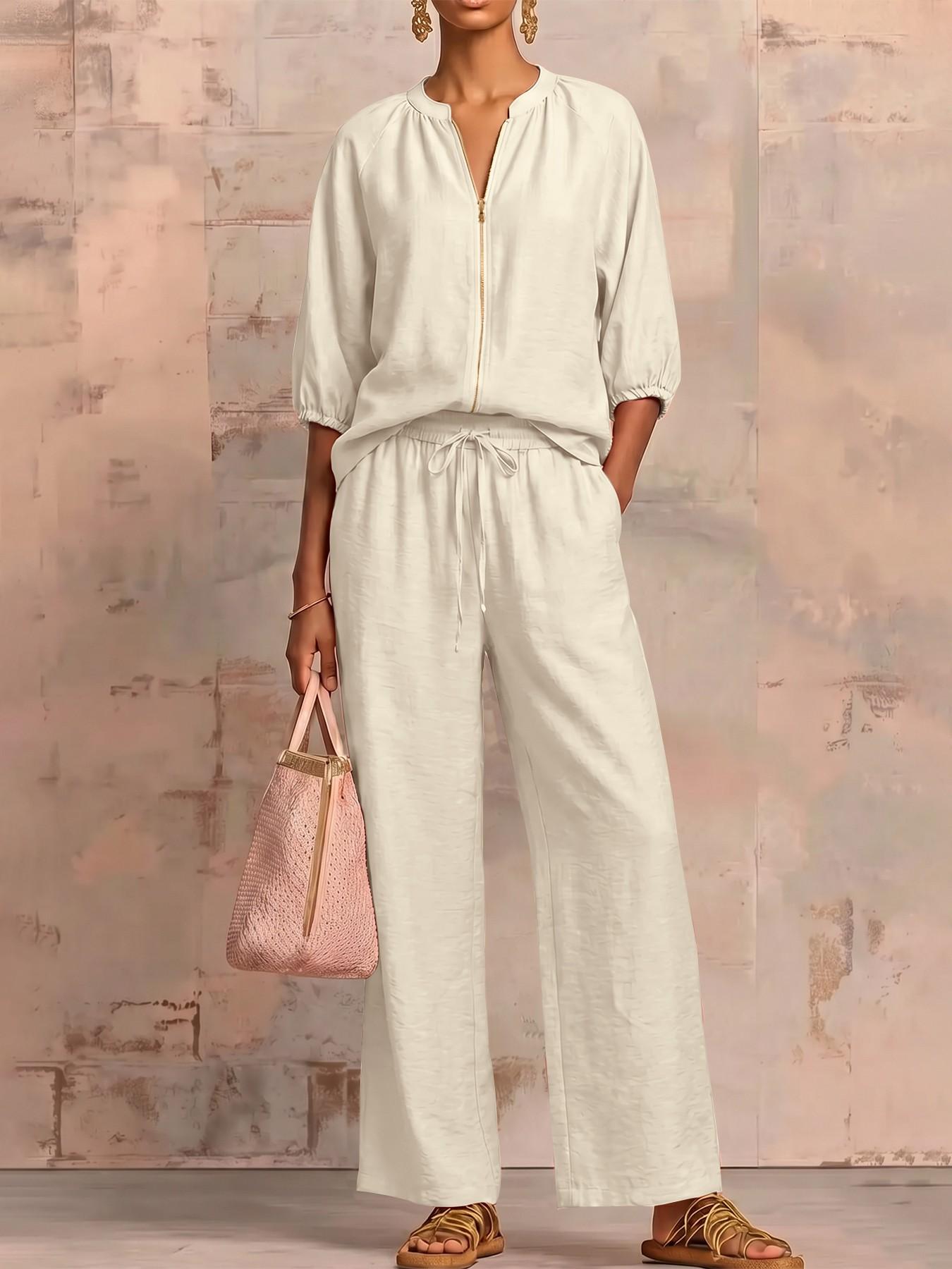 Minimalist Textured Matching Suit, Front Zip Blouse, Loose-Fit Casual for All Seasons, Adult Women's Clothing Set，loungewear set ，Vintage Casual Co-ord Outfit, Soft comfy fabric, skin-friendly, Casual Lounge Sets