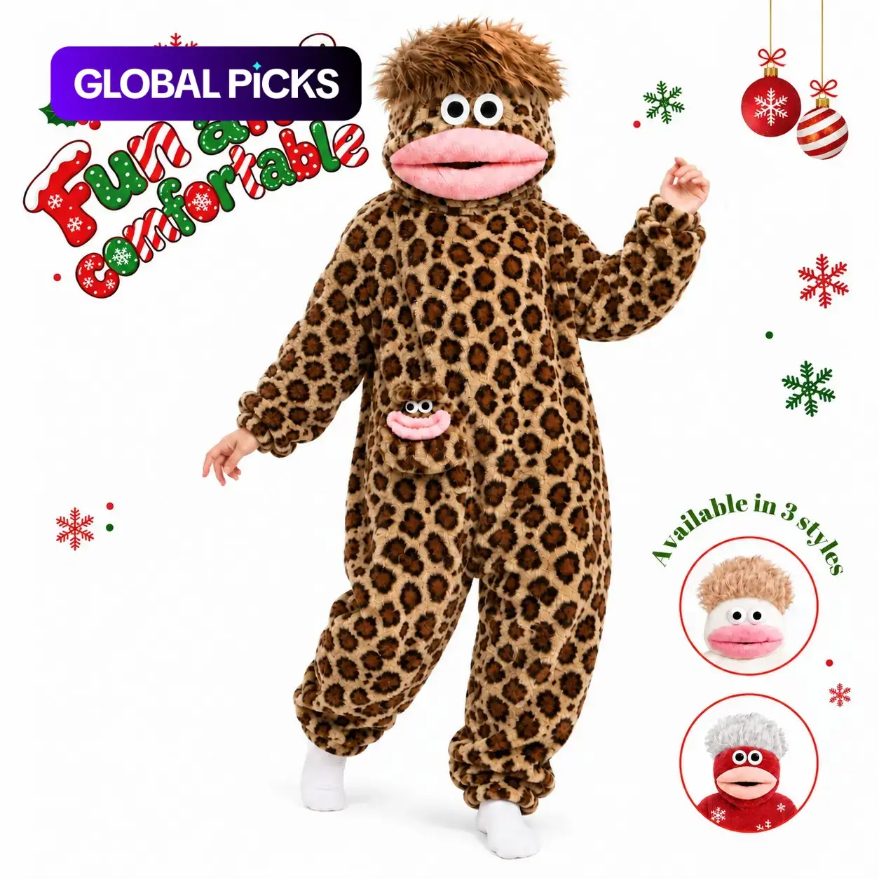 Funny Cute Big Mouth Monster Hooded Onesie Pajamas, Plush Fleece Christmas Sleepwear Jumpsuit, Adult Party, Leopard & Santa Snowman Design