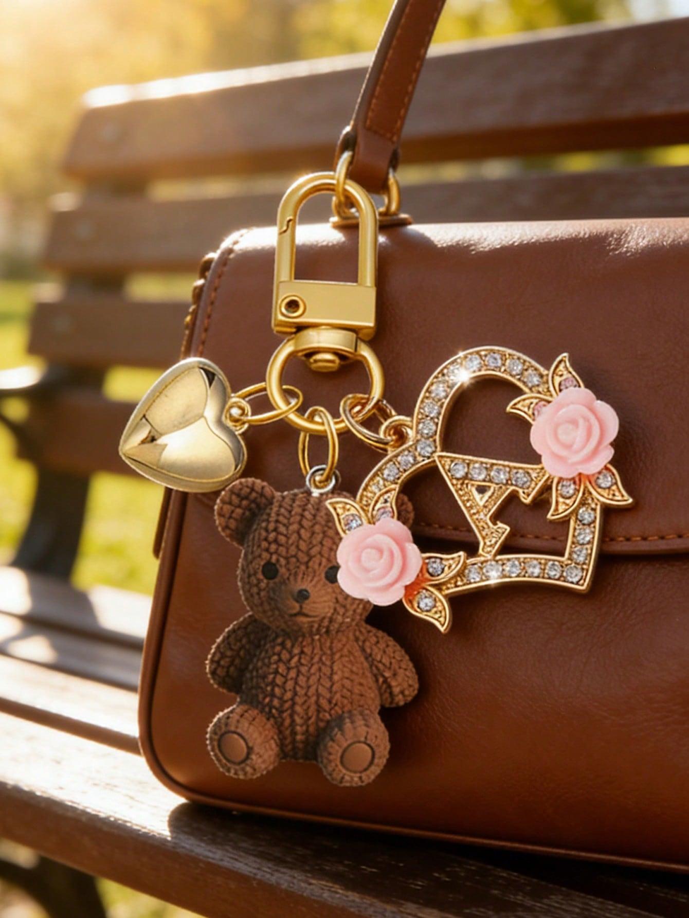 1 letter teddy bear keychain, hollow heart-shaped flower letter design, cute bear pendant charm suitable for handbags, wallets, backpacks, travel bags, Bag Charms, decorative keychain suitable for gym, classroom, games, Keychain Accessory