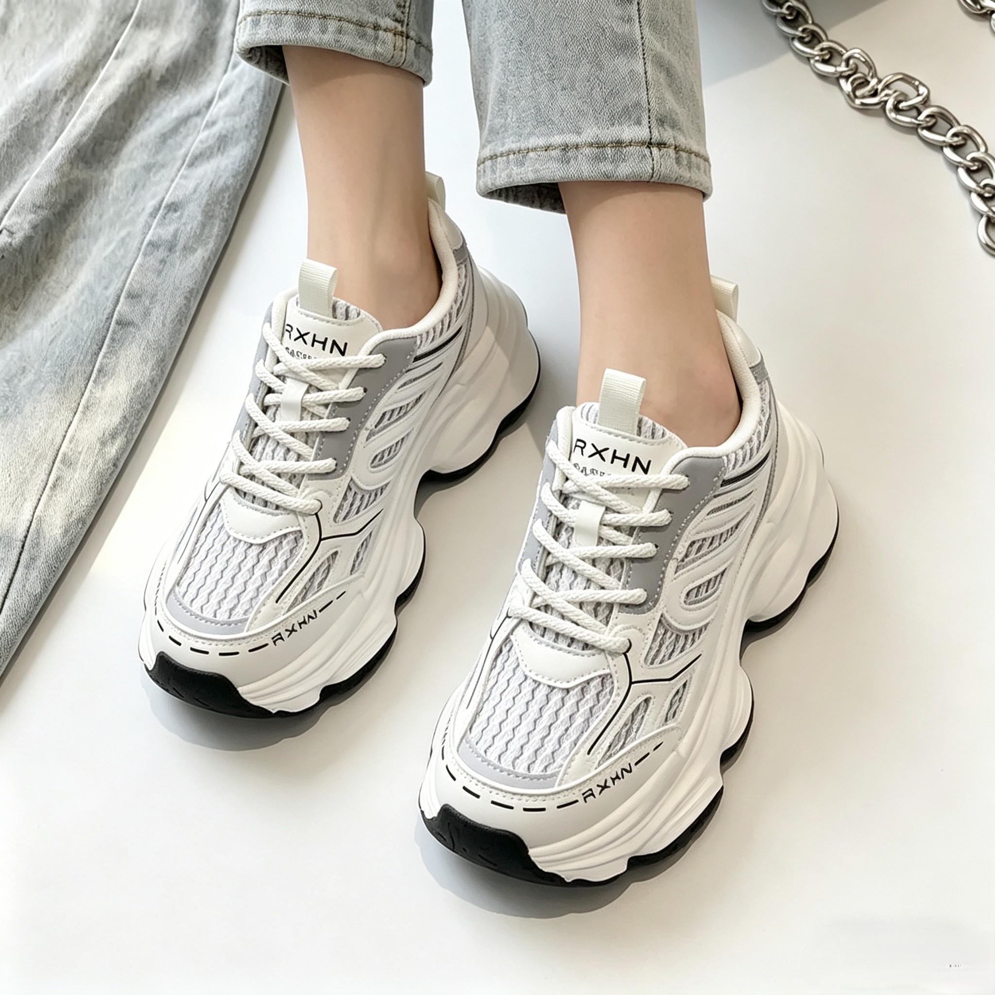 Women's Chunky Dad Sneakers, Breathable Mesh Platform Running Shoes, Non-Slip Casual Athletic Trainers, Lightweight Lace-Up Comfortable Walking Shoes for Everyday, Work, Gym & Streetwear - White Gray