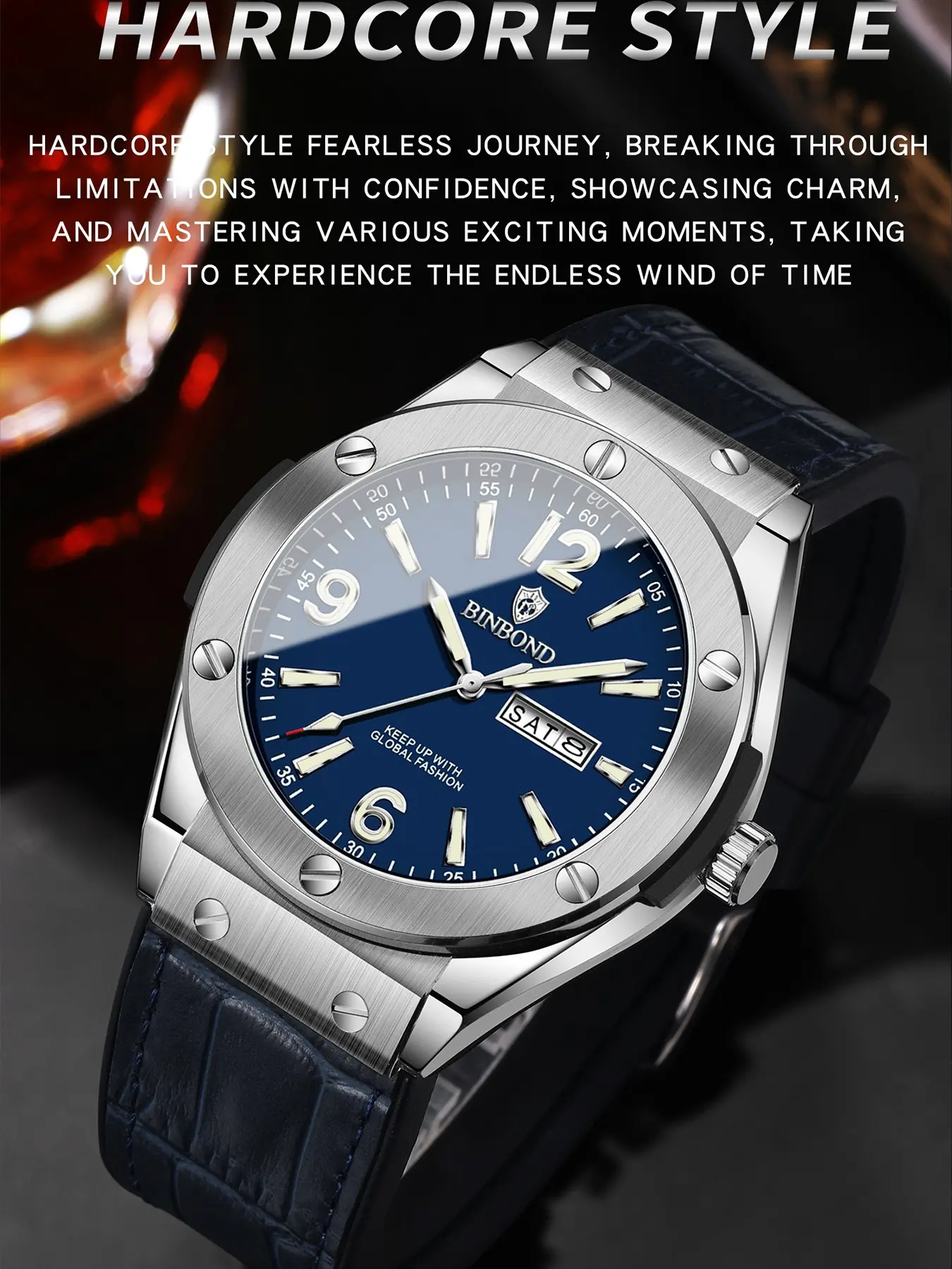 Binbond Men's Quartz Watch, Automatic Date Day Display, Luxurious Night Glow, Waterproof, Casual Robust Watch, Luxury Timepiece